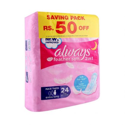 ALWAYS FEATHER SOFT 2IN1 MAXI THICK EXTRA LONG 24PADS SAVE RS:50